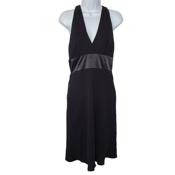 90s Y2K Black Halter Dress 6 Small Satin V Neck Plunge Party Cocktail Occasion - Picture 1 of 5